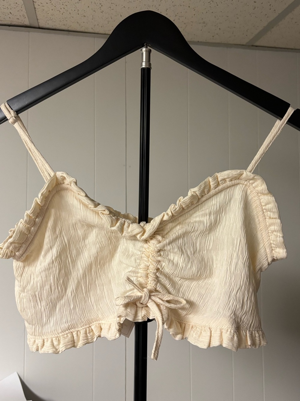 Cream Ruffle Drawstring Crop Top with Spaghetti Straps